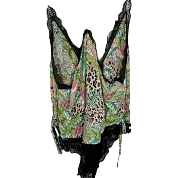 INC XXL Green Floral Jungle Chiffon Print Lace Trim Drawstring Tie Sides Teddy - Picture 3 of 5